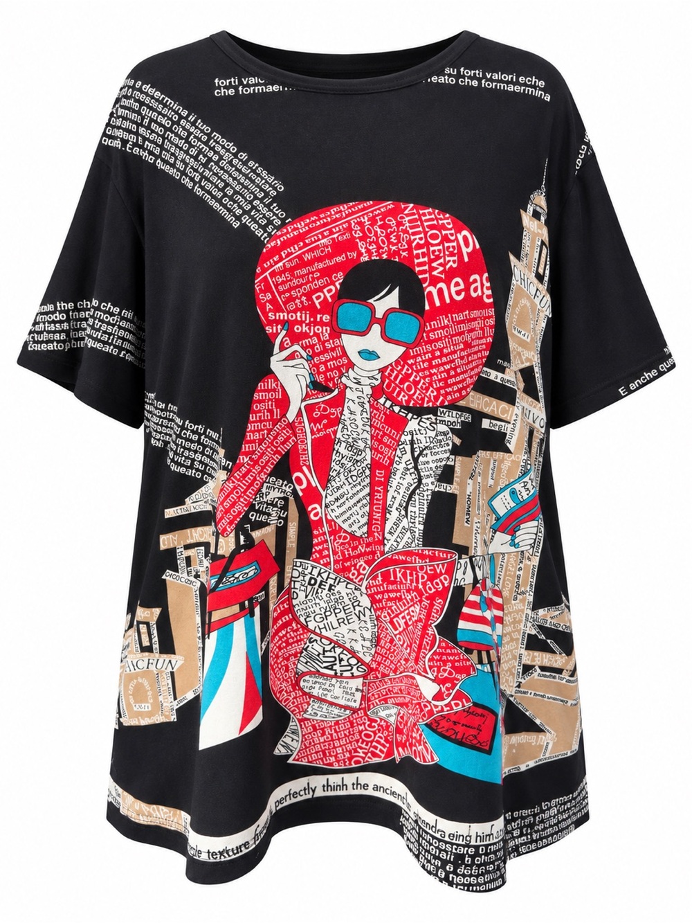 Black Short-Sleeve Graphic Tee with Red & Blue Fashion Illustration